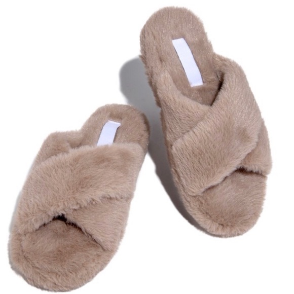Taupe X Crossed Faux Fur Slippers Slides - Picture 5 of 7